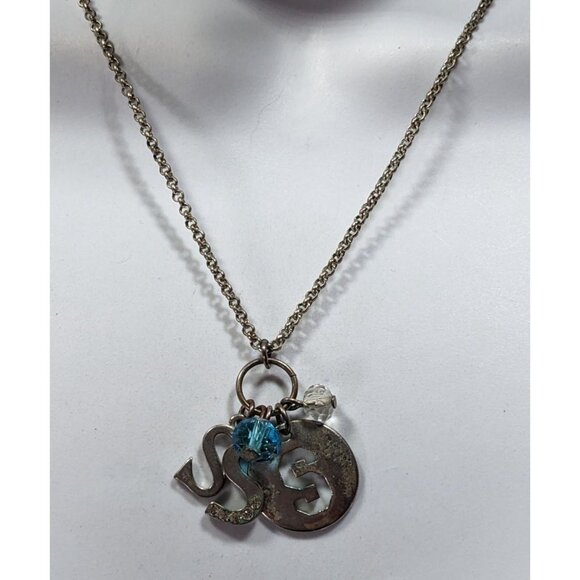 S Initial Charm Necklace Silver Tone With Blue Bead Accent - Picture 3 of 5